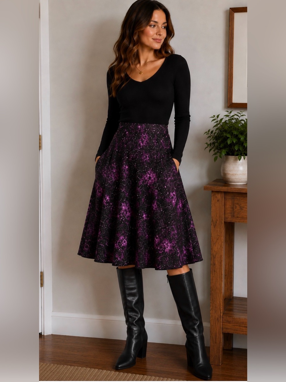 Purple and Black Galaxy Print Women’s Skirt